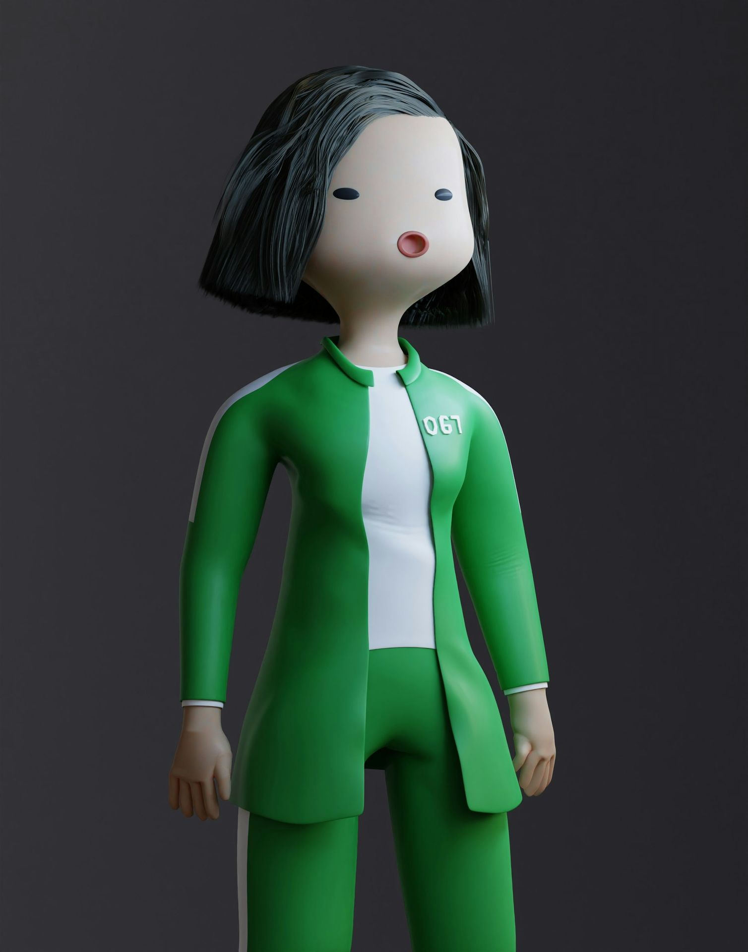 a doll with a green suit and white shirt